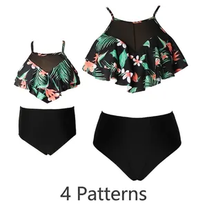Tropical Leaf Print Parent-Child Bikini Swimsuit Ruffled High Waist Beachwear For Women Girls Nylon Mesh Breathable