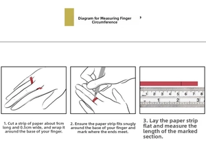 Guide showing how to measure finger size for rings using paper and a ruler step by step