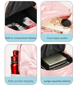 Detailansicht des rosa gesteppten Rucksacks mit Laptopfach und funktionalen Innentaschen