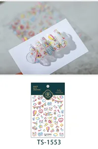 Detailed 5D embossed rainbow party nail stickers with 3D cartoon bear and bunny patterns