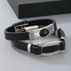 Men Bracelet 316L Stainless Steel Cowhide Leather Rhinestone Inlaid Business Casual Punk Fashion Magnetic Clasp