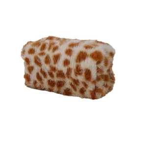 Plush giraffe print pouch with zipper closure for storage of cosmetics and stationery