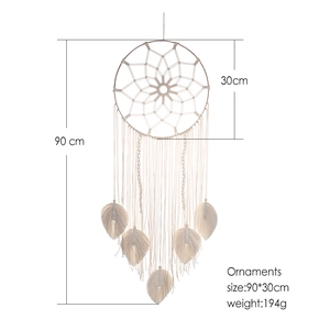 Detailed dimensions of handmade woven moon dream catcher with feather tassels, 90x30cm size
