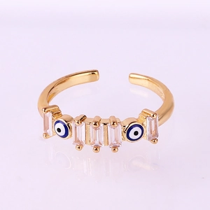 Gold-plated Evil Eye open ring featuring geometric zircon stones and blue enamel finish