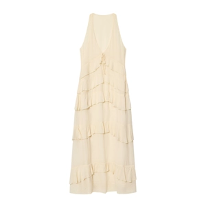 Women Elegant Chiffon Maxi Dress Deep V Neck Sleeveless Layered Ruffles Tiered Cake Long Dress Party Clubwear Sexy Summer