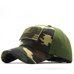 Tactical camouflage baseball cap with mesh back and USA flag patch for outdoor use