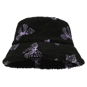 Cappello a secchiello invernale in pelliccia sintetica nera con farfalle viola