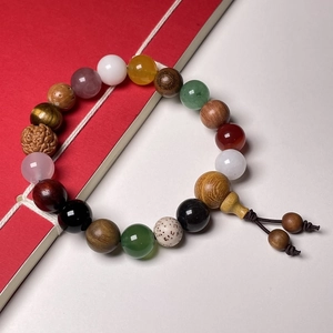 Colorful Eighteen Bodhi Seeds bracelet with various natural wood and mineral beads