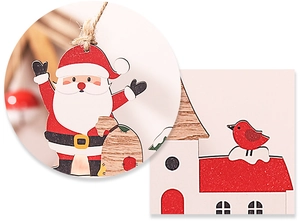 Detail view of colorful wooden Santa Claus and small house ornaments with rustic twine