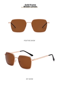 Polarized square gold metal sunglasses with tea lenses showing front and 45 degree views