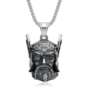Vintage stainless steel Viking Odin bell pendant with horned helmet and metal chain