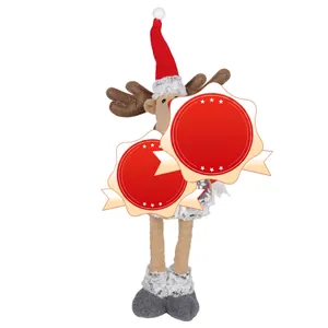 Detail of a plush Christmas reindeer toy with adjustable telescopic legs on white background