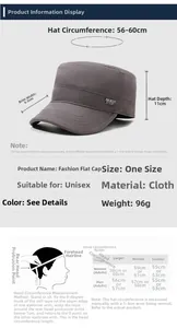 Size guide for military flat top cap with 56-60cm circumference and measurement steps