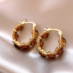 Retro Round Hoop Earrings Copper 18K Gold Plated Amber Rhinestone Inlaid Geometric Fashion Jewelry For Women