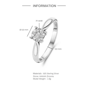 Detailed specs of 925 sterling silver ring featuring 0.14 carat AAAAA zirconia stone