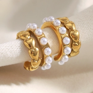 Stainless Steel 18K Gold Plated Heart Artificial Pearl Stud Earrings Double Row C Shaped Fashion Elegant Jewelry For Women