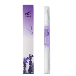 Purple revitalizing nail cuticle oil pen with packaging box on professional white background