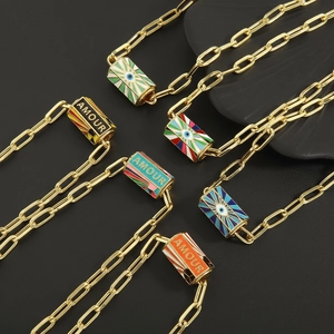Exaggerated Gold Plated Copper Enamel Evil Eye Pendant Necklace For Women Retro AMOUR Letter Paperclip Chain Hip Hop Jewelry