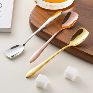 Three 304 stainless steel square head dessert spoons in silver, gold, and rose gold finishes