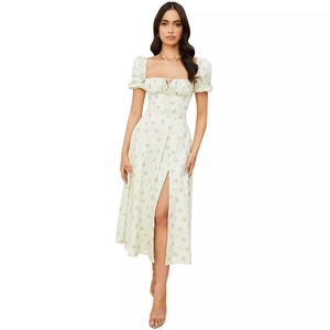 Floral puff sleeve maxi dress with side slit and square neck in light green summer style