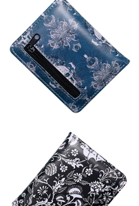 Dual view showing blue skull pattern and black floral print synthetic leather wallets