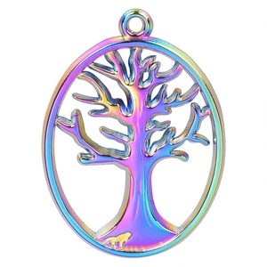 Macro view of rainbow tree of life pendant with 18k plating and hollow geometric design