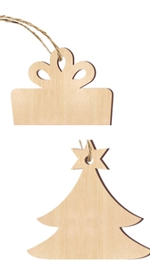 Detail of laser-cut wooden Christmas tree and gift box pendants with rustic jute twine