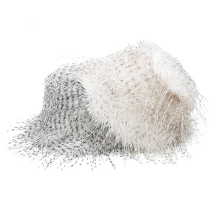 Close-up of winter bucket hat with gradient faux turkey fur and plush texture