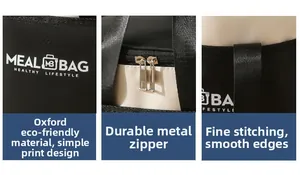 Detail of durable oxford fabric, smooth metal zipper, and fine stitching on the meal bag