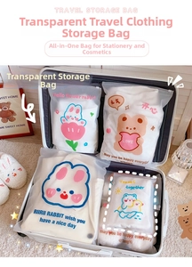 Detail of frosted travel storage bags with cartoon prints inside a white suitcase