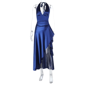 Navy blue satin halter neck dress with plunging V-neck and asymmetrical hemline