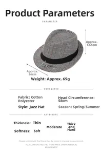 Detailed size specifications of the plaid fedora hat with cotton polyester blend material