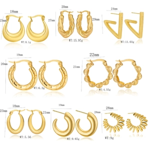 Golden stainless steel hoop earring set with U-shape and chunky bamboo designs