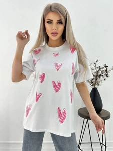 Γυναικείο T-Shirt 100% Βαμβάκι Κοντομάνικο Στρογγυλή Λαιμόκοψη Χαλαρή Γραμμή Ροζ Χειροποίητο Σχέδιο Καρδιά Streetwear