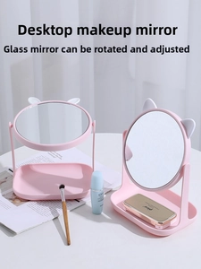 Pink cat-ear desktop makeup mirror with storage base tray for cosmetics and brushes