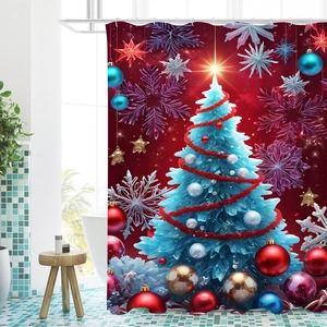 Detail of Christmas shower curtain featuring an ice-blue tree and festive red background