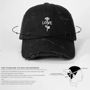 Black distressed baseball cap with rose embroidery and size measurement guide