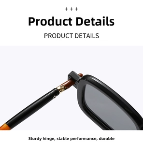 Detail of reinforced metal hinge and tortoise splice temple on black square sunglasses