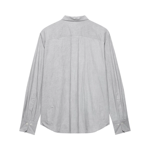 Women's light gray long sleeve loose shirt with back box pleat detail and classic collar