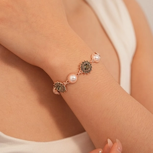 Bracelet En Alliage Or Rose Vintage Avec Strass Tournesol Et Künstliche Perles D'Imitation Pour Femmes Bijoux Élégants
