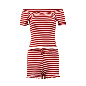 Detail of red and white striped knit loungewear set with bow accents and ruffled hem