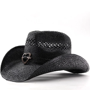 Chapeau De Paille De Cowboy Western Vintage Large Bord Ajouré Protection Solaire Plage Été Hommes Femmes Boucle Coeur Bois