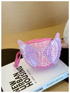 Detail of pink sequins and iridescent wings on children's round crossbody bag