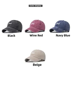 Detail showing embroidered bruh logo on washed cotton baseball caps in four colors