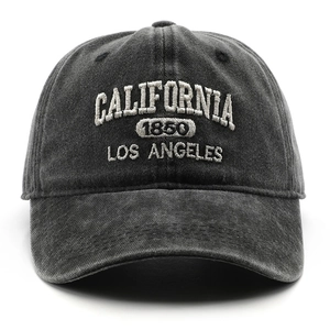 Vintage dark gray washed cotton baseball cap with white California 1850 embroidery