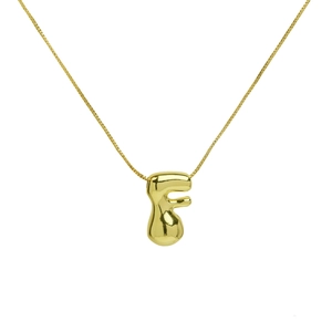 Detailed close-up of 18K gold-plated bubble letter F pendant on a delicate chain