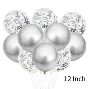 12 Inch silver metallic and transparent confetti latex balloons for party decoration
