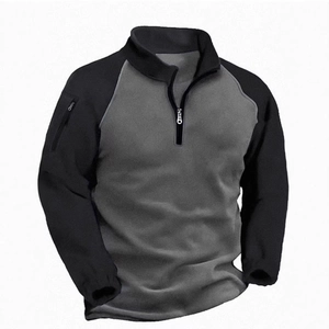 Men Fleece Sweatshirt Stand Collar Quarter Zip Pullover Tactical Outdoor Color Block Long Sleeve Warm Top