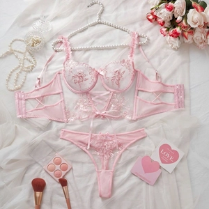 Pink lace floral embroidery lingerie set with wired longline bra and matching thong