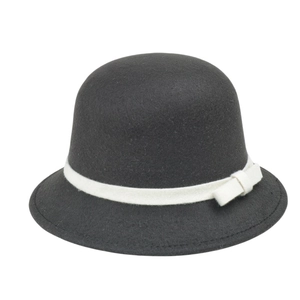 Elegant dark grey felt cloche hat with a contrasting white ribbon and stylish side bow